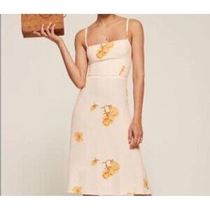 Reformation Ivory & Yellow Floral A Line Midi Dress Square Neck Spaghetti Straps